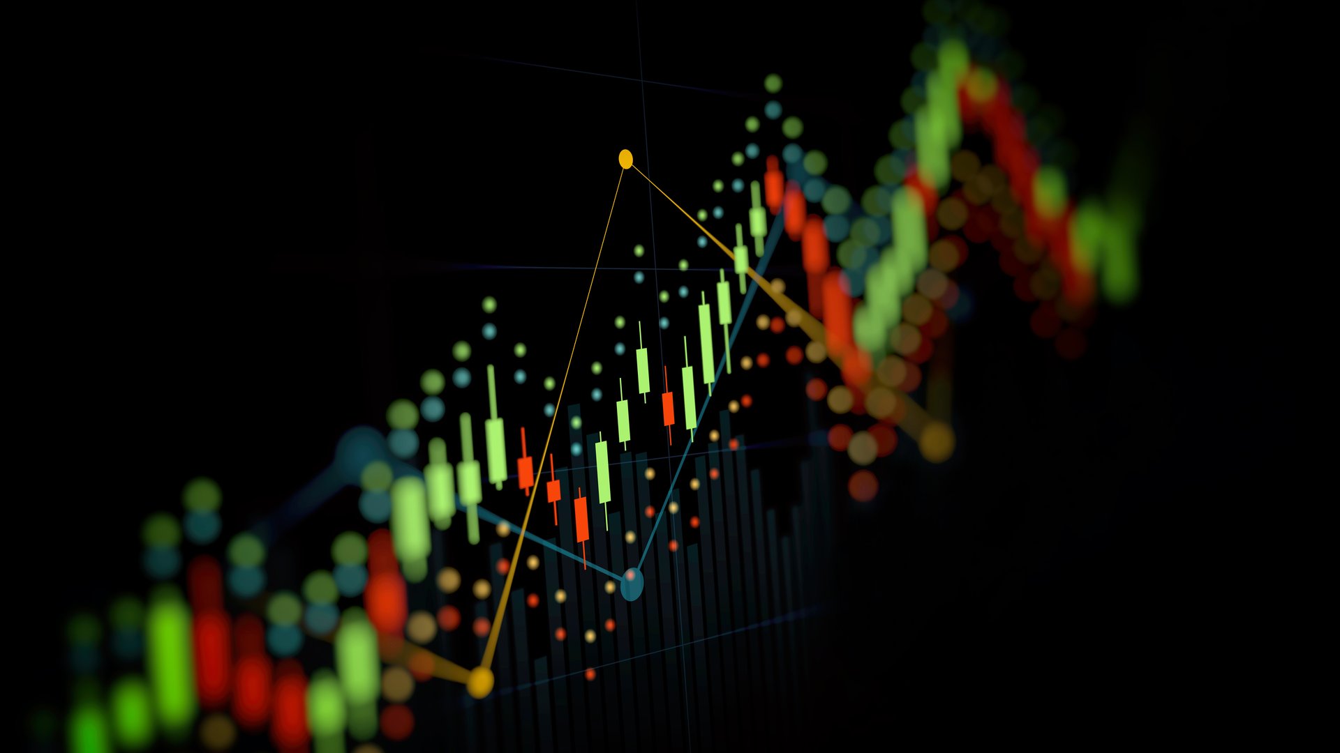 Dark financial display showing a rising green-and-red candlestick chart overlaid with a glowing amber trend line that peaks sharply and a blue trend line curving upward beneath it.