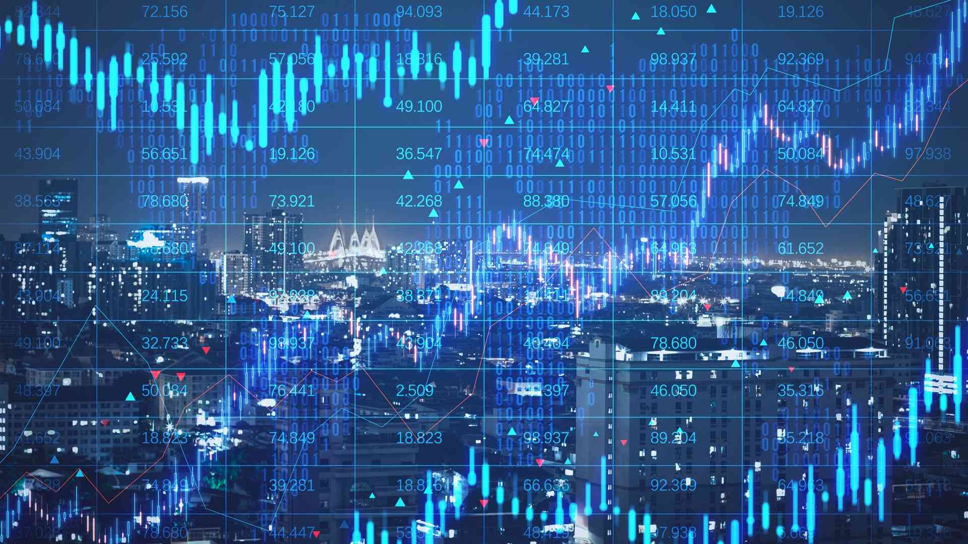 Dark night cityscape overlaid with glowing blue candlestick trading charts, data grids, and small directional markers, evoking a dense financial data display.