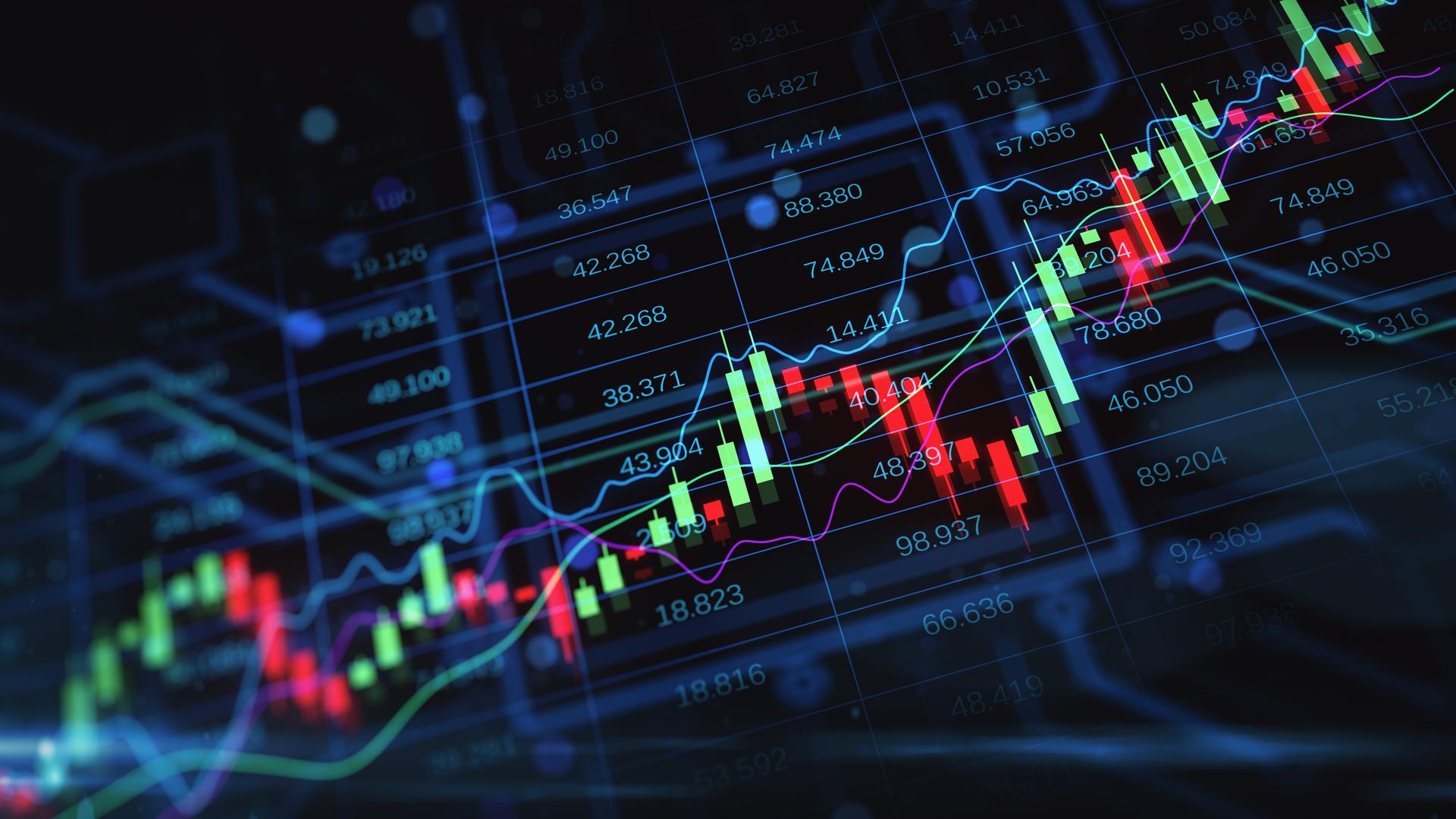 Dark trading screen with glowing candlestick chart and overlapping volatility indicator lines in electric blue, green, and red.
