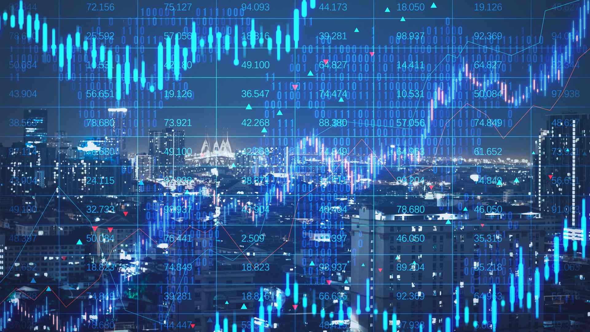 Night city skyline overlaid with glowing blue candlestick charts, streaming data, and red and cyan trend lines in a dark financial data visualization.